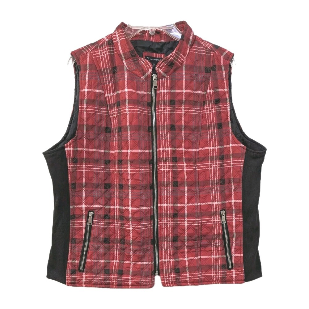 NEW DIRECTION Quilted Puffer Vest Women's XL Red Black Plaid Zip Gorpcore Cozy